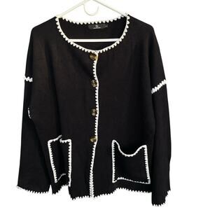 Lillusory‎ Womens Cardigan Sweater Large White Trim Long Sleeve Stretch Casual